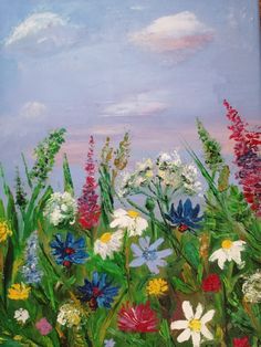 an oil painting of wildflowers and daisies