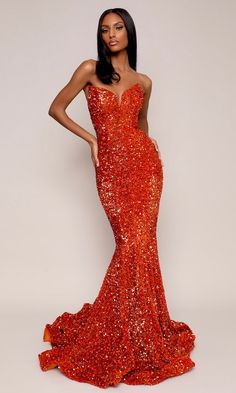 Portia & Scarlett Style PS21208- Burnt Orange Burnt Orange Prom Dress, Orange Sequin Dress, Orange Mermaid, Orange Gown, Masquerade Ball Gown, Strapless Prom Dress, Strapless Neckline, Pretty Prom Dresses, Sequin Gown