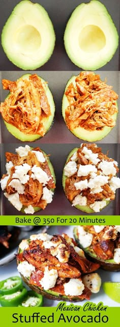 stuffed avocados with shredded meat and other toppings are shown in this collage