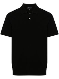 black fine knit polo collar front button placket short sleeves ribbed cuffs and hem straight hem Cheap Black Polo Shirt For Workwear, Black Polo Shirt With Placket, Classic Polo Collar T-shirt With Button Closure, Classic Polo Collar T-shirt With Button-up, Classic Black Polo Collar T-shirt, Classic Black Polo Sweater With Button Closure, Black Classic Polo Collar T-shirt, Modern Black Collared Polo Shirt, Classic Black Polo Sweater For Formal Occasions