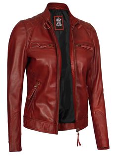 Amplify your outerwear collection with the Johnson Women's Maroon Quilted Cafe Racer Leather Jacket, a fusion of edgy design and timeless appeal. Crafted with precision, this jacket features a deep maroon hue that adds depth and versatility to your outfit. The quilted pattern introduces texture and character, making it a standout addition to your wardrobe. Whether you're navigating the city streets or attending a social gathering, the Johnson Maroon Quilted Cafe Racer Leather Jacket stands as your ultimate choice. Specifications: 100% Real Lambskin Leather Internal soft polyester lining Strap collar and smooth zip closure. Available in Maroon Four outer zipper pocket one inside mobile pocket Embrace confident fashion and embody a style that reflects your bold taste while exuding an air of Fitted Burgundy Leather Biker Jacket, Fitted Burgundy Leather Jacket With Zipper Closure, Fitted Burgundy Leather Jacket, Peplum Leather Jacket, Confident Fashion, Asymmetrical Leather Jacket, Racer Leather Jacket, Maroon Leather Jacket, Moto Chic