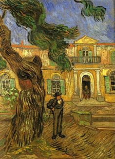 a painting of a man standing next to a tree