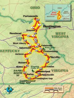 a map of the west virginia state with roads and towns on it's sides