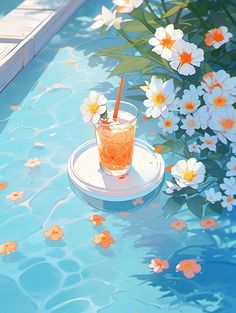 a drink sitting on top of a plate next to a pool filled with water and flowers