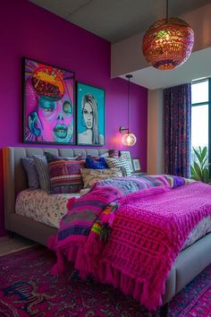 a bedroom with purple walls and artwork on the wall, bed in front of large window