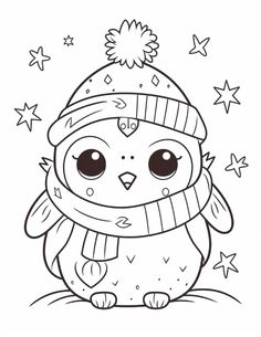 an owl wearing a winter hat and scarf with stars around its neck, sitting on the ground