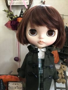 a doll with brown hair wearing a green coat