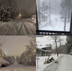 two pictures show the same snow covered road and trees in different stages of being photographed