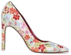 Floral Print Flower Heels For Spring, Chic Spring Heels With Floral Print, Chic White Heels With Floral Print, Chic Floral Print Heels For Spring, Chic Spring Floral Print Heels, Chic White Floral Print Heels, Red Floral Print Heels With Round Toe, Spring Floral Print Pointed Toe Heels, Multicolor Floral Print Heels For Spring