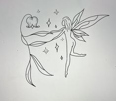 a drawing of a fairy with stars and a heart on her back, flying through the air