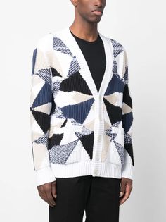 Missoni geometric-pattern V-neck Cardigan - Farfetch White V-neck Cardigan With Ribbed Cuffs, Modern White Sweater With Ribbed Cuffs, V-neck Jacquard Knit Cardigan, Designer White Jacquard Knit Sweater, Multicolor Cotton V-neck Cardigan, Multicolor V-neck Cotton Cardigan, Cotton Jacquard Knit V-neck Sweater, Designer White Winter Cardigan, Designer White Cardigan For Fall