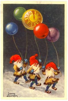 an old fashioned christmas card with santas and balloons