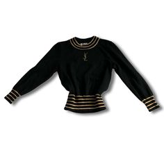 With Its Rich History, Iconic Design, And Superior Comfort It Offers You The Best Of Both Fashion And Function! Don’t Miss The Opportunity To Own A Piece Of Yves Saint Laurent’s Timeless Legacy! Features: Size: Xs - S Composition: Wool Approx. Era: 1980’s Color: Black, Metallic Gold High Quality Knit Design, Provides Exceptional Comfort For Layering Underneath Your Favorite Vest And Coat Long Sleeve, Waist Cinching Design, Metallic Gold Stripe Accents On The Collar And Wrists Condition: This Item Is Previously Loved, This Sweater Has No Flaws Or Defects! Please Note: The Composition Fabric Tag Was Cut Off For Comfort (It Was A Stiff Tag) This Does Not Affect The Wear Or Quality Ysl Clothes, Turtle Neck Sweatshirt, Iconic Design, Fabric Tags, Black Metallic, Knitting Designs, Long Coat, Metallic Gold, Cut Off