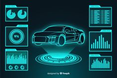 a futuristic car surrounded by infos and graphs on a dark background with blue lighting