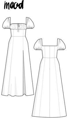 the front and back view of a dress with puffy sleeves, in two different sizes