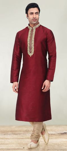 Red and Maroon color Kurta Pyjamas in Art Silk fabric with Embroidered, Thread work Red Kurta With Intricate Embroidery For Traditional Ceremonies, Red Kurta For Traditional Ceremonies, Red Kurta For Traditional Ceremonies And Transitional Season, Red Kurta For Transitional Traditional Ceremonies, Red Churidar For Traditional Ceremonies And Eid, Red Kurta With Intricate Embroidery For Eid, Ceremonial Embroidered Red Salwar Kameez, Traditional Red Churidar With Embroidered Border, Ceremonial Red Embroidered Salwar Kameez