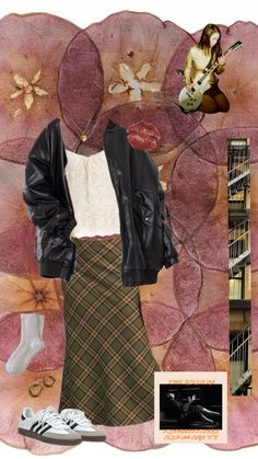 an altered photograph of a woman's outfit and shoes on display in a collage