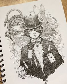 a drawing of a man in top hat and coat with cards around his neck on a wooden table