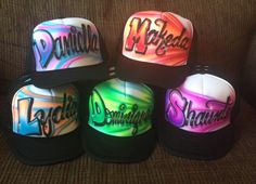 Listing is for 12 snap back caps with black bill and mesh. Choose two colors for your background design, and each cap will be customized with individual name or phrase in (caps may also have the same name, company, event name, or message). WE ARE A FULL-SERVICE AIRBRUSH SHOP AND CAN CUSTOMIZE ANY ITEM....SEND US YOUR IDEA! Teen Party Favors, Bachelor Party Favors, Roller Skating Party, Airbrush T Shirts, Airbrush Designs, Party Favors For Adults, Custom Airbrushing, Hip Hop Party, Wedding Bachelorette Party