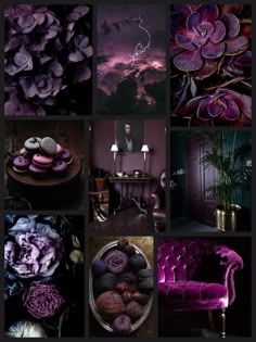 a collage of purple and black images with flowers in the middle, on top of a couch