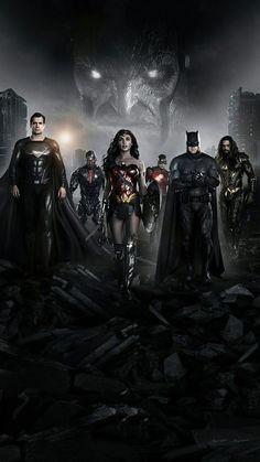 the batman and wonder twins are standing in front of a dark background with other dc characters