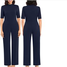 Selling Color (Navy) Never Worn Mock Neck Short Sleeve, Short Sleeve Jumpsuit, Short Sleeve Jumpsuits, Red Jumpsuit, Jumpsuit With Sleeves, Classic Dress, Black Flats, Trousers Women, Dress Pants