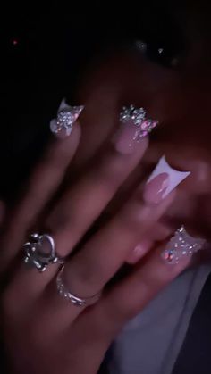 #duckies #frenchnails #blingnails #junknails#blackgirlluxury Square Nails With Diamonds, Bling Acrylic Nails Short, Baddie Nails Short, Overlay Nails, Short Square Acrylic Nails, Really Cute Nails