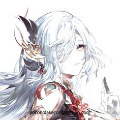 an anime character with long white hair holding a knife and fork in her hand,