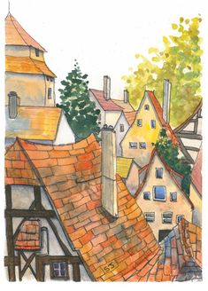 watercolor painting of rooftops and buildings in an urban area with trees on the other side