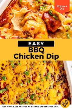 easy bbq chicken dip recipe in a casserole dish with text overlay