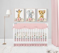 "Cover the walls of your baby girl safari nursery, pink floral nursery, or jungle nursery with this set of 3 watercolor floral safari nursery prints for a beautiful addition to your baby girl nursery! Featuring gorgeous pink flowers and roses, as well as 3 adorable baby safari animals, including a giraffe print, elephant print, and lion print, this set of 3 baby girl nursery wall art will look beautiful in any baby girl safari nursery. PLEASE NOTE: This listing is for the PRINTS only and do not Pink Safari Nursery Room Decor, Pink And Green Safari Nursery, Giraffe And Elephant Nursery, Girly Jungle Nursery, Girly Jungle Theme Nursery, Baby Girl Nursery Elephant Theme, Girl Nursery Themes Flower, Baby Girl Nursery Animal Theme, Pink Jungle Nursery