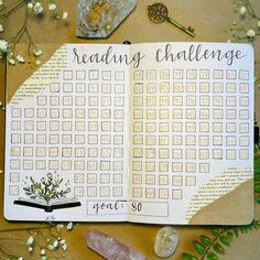 an open book with the words reading challenge written on it and some rocks next to it