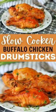 slow cooker buffalo chicken drumsticks on a white plate with text overlay