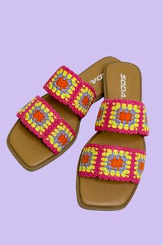 Meet Mochi -- Your go to sandal for the summer! This slip on sandal features pink/yellow/and blue crotchet across the double straps, a flat sole, and a square toe. Mochi Crochet, Fancy Sandals, Crochet Collection, Crochet Sandals, Crochet Shoes, Yellow And Blue, The Double, Crochet For Kids, Crochet Motif