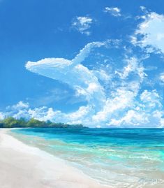 a painting of an ocean scene with clouds and blue sky above the water, as well as a white sandy beach