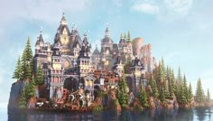 an artistic painting of a castle in the middle of water with lots of trees around it