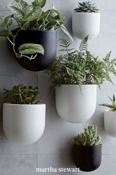 several white and black planters are hanging on the wall with green plants in them