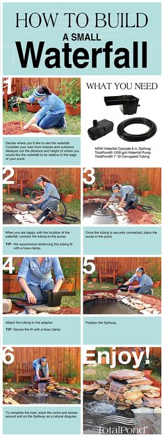 the instructions for how to build a small waterfall in your backyard or garden, with pictures and text below