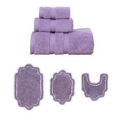 purple towels and bath mats on a white background