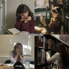 two women sitting at a table in front of bookshelves and one is reading