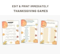 three thanksgiving games with the words edit and print immediately, thanks giving games on them