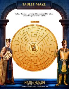 a movie poster with two men standing in front of a giant round maze that says night at the museum