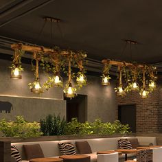 an empty restaurant with wooden tables and white chairs, plants hanging from the ceiling above