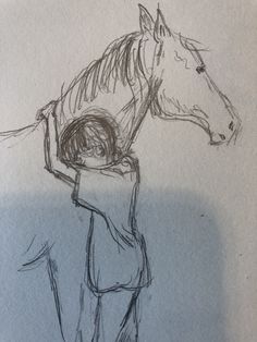 a drawing of a person standing next to a horse