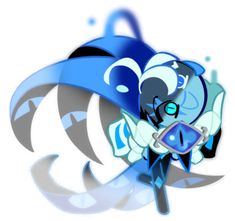 a blue and white cartoon character holding an object in his hand with water droplets around it