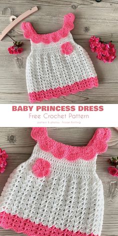 crocheted baby dress with pink and white trim