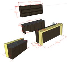 three different types of furniture are shown with measurements