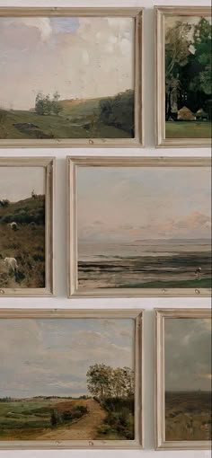 several paintings are hanging on the wall in front of each other, including sheep and trees