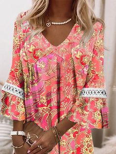 Women's Bohemian Midi Dress Spring Bohemian Boho Dress With Paisley Print, Summer Bohemian Bell Sleeve Dress, Bohemian Patterned Boho Dress For Spring, Spring Bohemian Boho Dress With Bell Sleeves, Bohemian Bell Sleeve Dresses With Floral Print, Spring Bohemian Bell Sleeve Boho Dress, Bohemian Pink Printed Blouse, Bohemian Multicolor Bell Sleeve Dress, Multicolor Bohemian Bell Sleeve Blouse