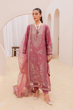 Long Paneled Tea Pink Embroidered Kameez Trousers Pakistani Party Wear